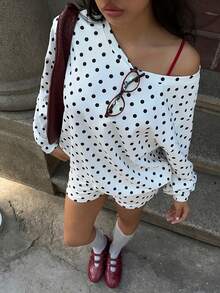 MainGRL 2件套 女士波点印花休闲长袖卫衣和短裤套装 - 黑與白 - 查看 3