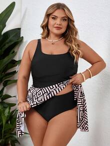 SHEIN CURVE+ Traje de baño de 2 piezas para mujer talla grande, vestido de baño con estampado floral para vacaciones de verano - Negro - Ver 5