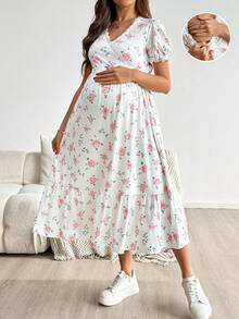 孕妇碎花印花撞色蕾丝泡泡袖哺乳连衣裙 - 白色 - 查看 10