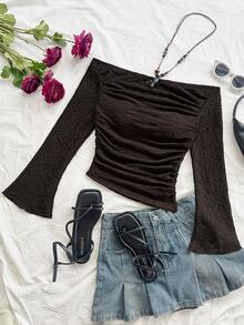 Soleia Plus Size Women's Light Brown Textured Knit Fabric Ruched Off Shoulder Flare Sleeve Fitted Vacation Blouse - Brown - View 6