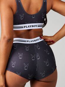 Missguided x Playboy Printed Bunny Logo Bralette And Boyshort Panty Set With Contrast White Band Detailing - Black and White - View 4