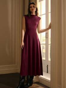 MOTF PREMIUM KNITTED SLEEVELESS RHINESTONE EMBELLISHED SWEATER DRESS - Burgundy - View 4