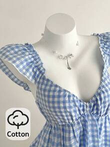 Elamini 女士蓝白格子V领褶皱腰部短袖休闲衬衫，夏季 - 藍白色 - 查看 3