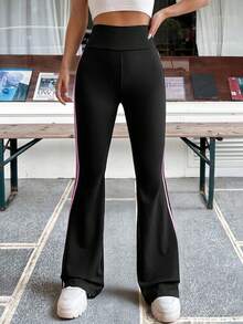 SHEIN EZwear 側邊條紋喇叭褲 - 黑色 - 查看 5