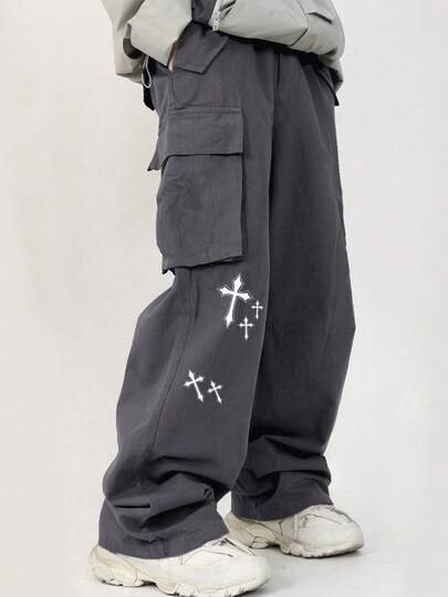 SHEIN 青少年男童度假学院风斜插口袋3D贴袋直筒宽松纯色梭织裤