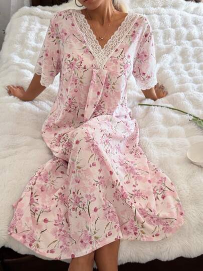 SHEIN CottageSlumber Lace Patchwork V-Neck Short Sleeve Romantic Floral Print Women's Nightgown Floral Robe Women Pajama Dress Floral Pajama Set Vintage Pajama Set