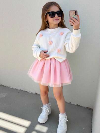 Elladie kids Set de 2 piezas de ropa de otoño/invierno para niñas pequeñas, conjunto de suéter con decoración floral de cuello redondo y manga larga, y falda de malla rosa, adecuado para uso al aire libre, casual, moda, vacaciones, fiesta de cumpleaños
