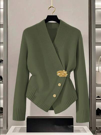 GlowEve 女士蓝色毛衣，新款秋冬金属纽扣不对称开襟羊毛衫，百搭简约通勤设计