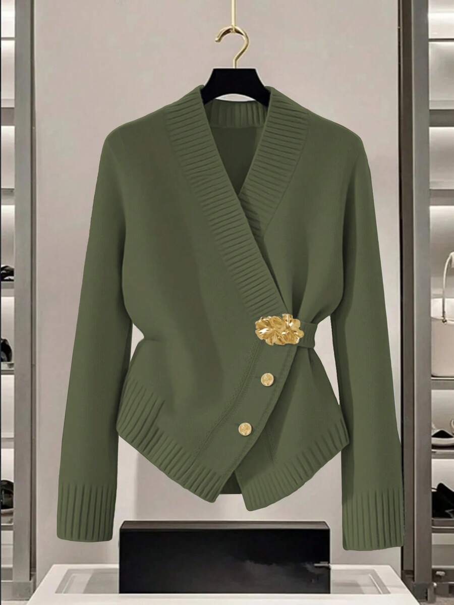 GlowEve Women's Blue Sweater, New Autumn/Winter Metal Button Asymmetrical Closure Cardigan, Versatile & Minimalist Design For Commuting - Army Green - View 1