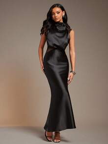 L'Amorae Women Asymmetrical Mock Neck Draped Front Satin Midi Dress With Lace Inset - Black - View 1