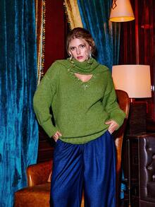 VOLUPTÉ CURVE Nuevo llegado de primavera Conjunto de 2 piezas de talla grande elegante y minimalista con cuello en V verde, decoración de perlas falsas, manga larga holgada, cómodo y versátil para uso casual, adecuado para ir al trabajo, fiestas, best seller - Verde - Ver 5