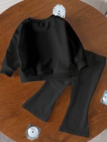 2pcs/Set Young Girl Casual Pink 67 Star Graphic Sweatshirt And Black Flare Pants, Comfortable & Versatile For Autumn, Winter, Spring, Suitable For Daily Wear And Home - Black - View 2