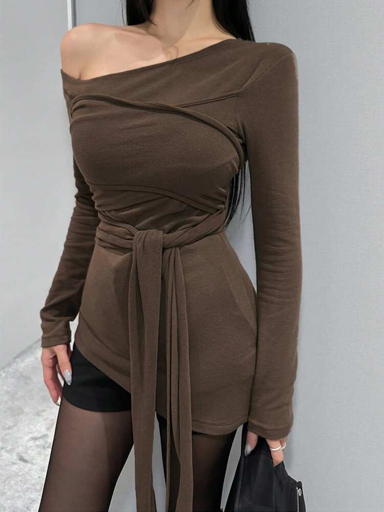 Off-Shoulder Long Sleeve Tie-Up Fitted Asymmetrical T-Shirt Design For Women
