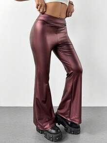 SHEIN PETITE Quần legging ống loe co giãn cao bằng da PU dành cho nữ - Màu Đỏ Sâu - Xem 3