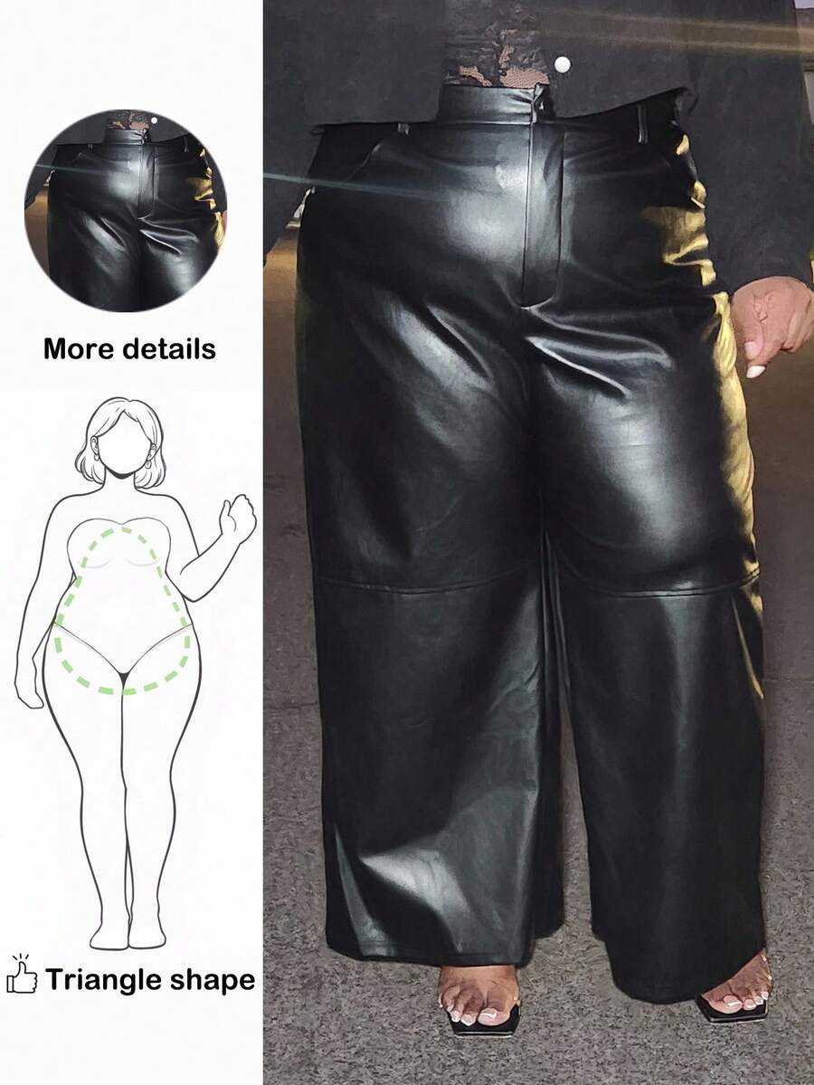 Truni Lacenleopard Plus Size Black Button Design Side Pocket Leather Straight Pants, Winter, For Pear Triangle Body Shape - Black - View 1