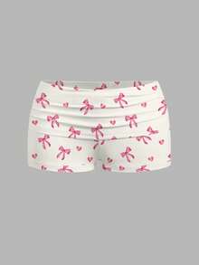 SHEIN Essnce Y2K休闲复古可爱性感百搭派对机场套装，粉色蝴蝶结爱心印花图案，舒适蕾丝吊带背心和褶皱短裤两件套，适合秋冬季节穿着。 - 彩色 - 查看 4