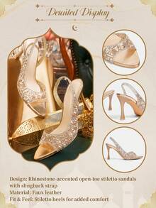 CUCCOO TILAWA 女士水晶装饰优雅细高跟派对鞋，尖头高跟鞋玻璃杯鞋跟中跟金色女士高跟凉鞋带透明 PVC 闪光