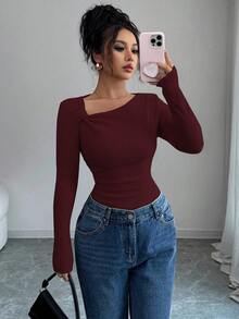 Selianne Áo thun dài tay xếp ly cổ chéo, màu trơn, dáng ôm, thiết kế đơn giản, thời trang thu đông mới - Màu Hoa hồng đỏ - Xem 8