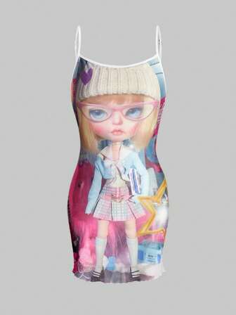 Anime Vestido camisero mini con estampado de personajes de dibujos animados, con escote en forma de corazón, de estilo sexy y dulce, de moda Y2K para mujeres