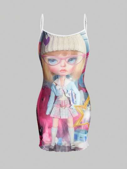 Anime Y2K Fashionable Cartoon Character Print Sexy Sweet Heart Camisole Mini Dress For Women