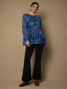 SHEIN VCAY Plus Size Women Casual Retro Paisley Print Top - Blue - View 3