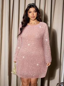 Elaquor 大码优雅派对亮片喇叭袖连衣裙 - 粉色 - 查看 5