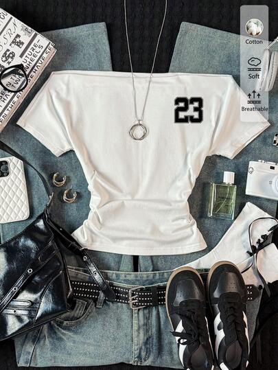 Attitoon Y2K 女款白色露肩短袖T恤，印有经典数字23 - 褶皱腰身，紧身夏季上衣，适合上学、度假和运动穿着