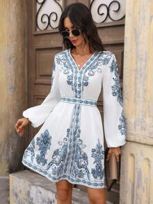 EMERY ROSE Women's Vintage Casual Long Sleeve Waist Cinched Short Dress,White And Blue Floral,Autumn,Boho,Tea Party,Holiday Lantern Sleeve Vacation Outfits - Blue and White - View 7