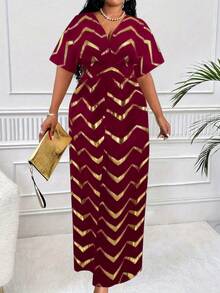 Maweii Große Größen Elegante Jumpsuit für Damen mit Kontrast-Schwarz-Weiß-Muster, Wickelausschnitt, Kurzarm und weitem Bein - Bordeaux - Übersicht 4