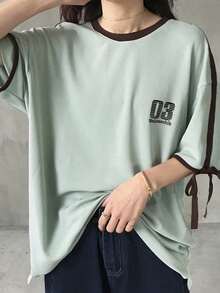 FRIFUL Women's Loose Fit Contrast Color Sporty Biker Style Bow Tie T-Shirt - Blue - View 1