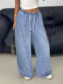 SHEIN Teenager Mädchen Y2K Frühling Sommer leicht gewaschene Jeans mit Tunnelzug Taille, Taschen, vielseitig für den täglichen Gebrauch, weite Beine - Helle Waschung - Übersicht 3