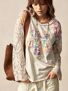 Bohemela Áo thun nữ Boho Thu/Đông/Xuân kiểu vintage, chất liệu dệt kim trơn màu phối ren hoa văn Paisley, cổ tròn, tay dài, dáng rộng, thích hợp cho kỳ nghỉ, đi xem hòa nhạc, đi nghỉ mát, đi học, Giáng sinh và Năm mới. - Màu be - Xem 5