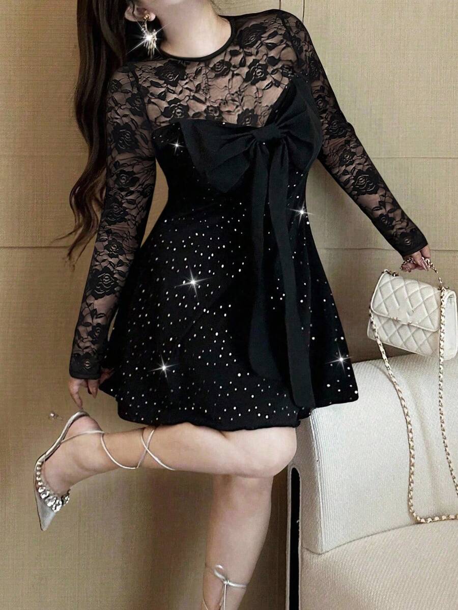 Vibekara 大码女式性感甜美紧身网纱蕾丝亮片拼接连衣裙 - 黑色 - 查看 1