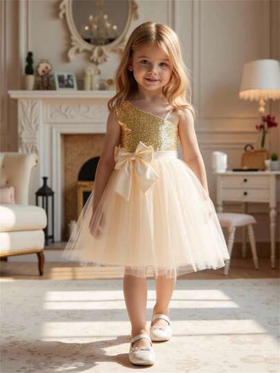 Glamorique Kids Christmas Young Girl Party Dress, Santa Dress, New Year Dress, Girls Princess Tutu Dress With Big Bow, Fancy Stage Performance Costume