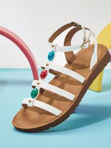 Mini mi #BohoKids Girl's Multi-Stone Decor Ankle Strap Vegan Leather White Gladiator Sandals – Cute, Comfy & Perfect For Summer Adventures. - White - View 4