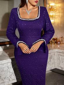 SHEIN Clasi 大码优雅派对水钻装饰修身连衣裙 - 紫色 - 查看 1
