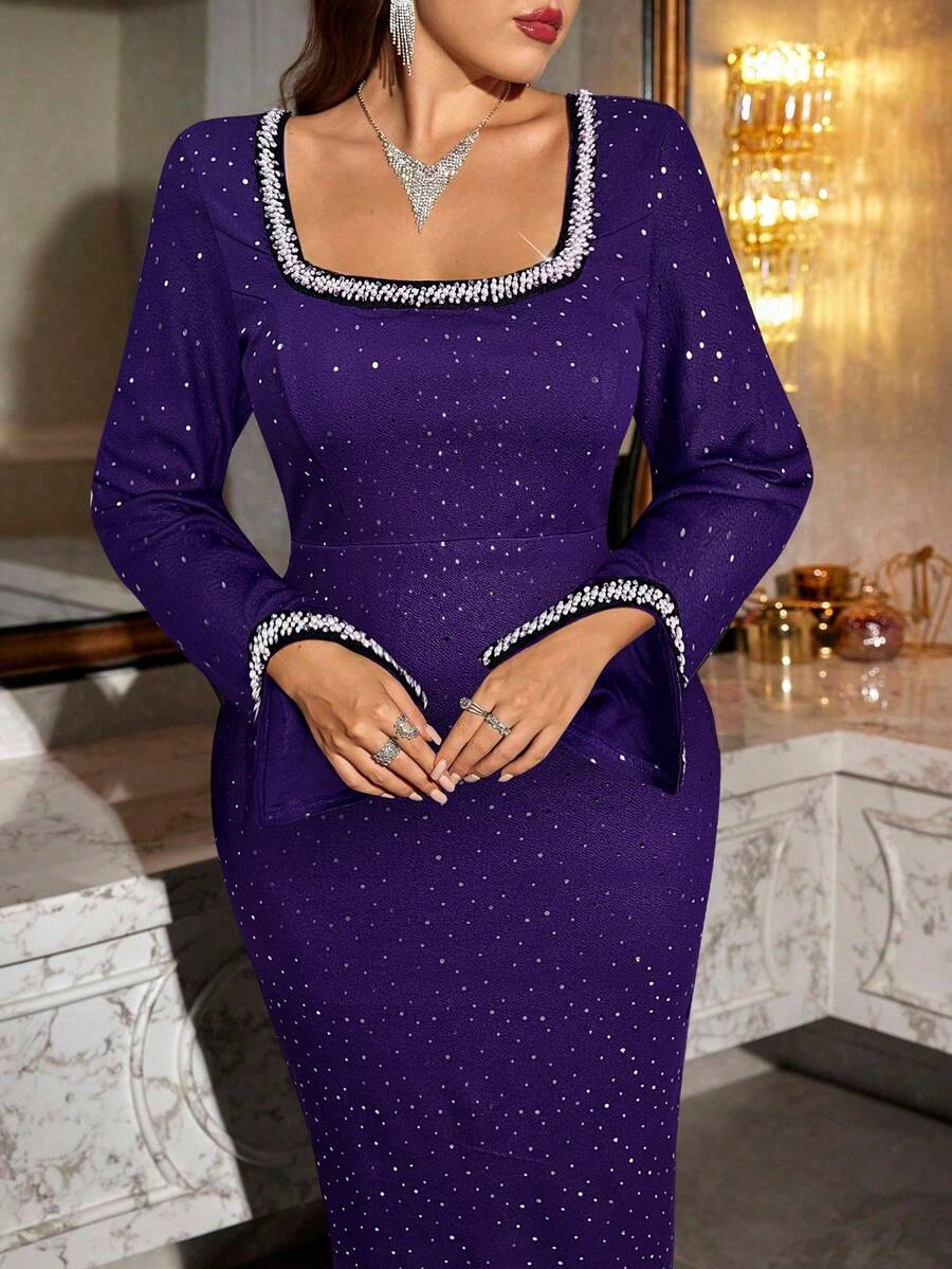 SHEIN Clasi 大码优雅派对水钻装饰修身连衣裙 - 紫色 - 查看 1