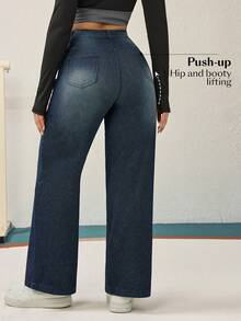 Flexra 女士休闲直筒牛仔裤，带口袋，蓝色 - 藍色 - 查看 2