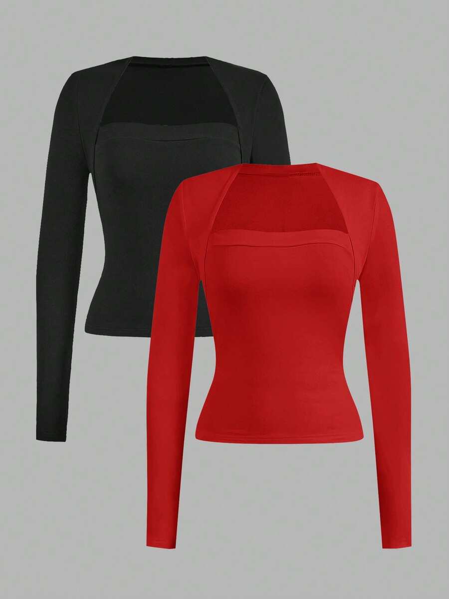 SHEIN EZwear 两件装黑色和红色女士休闲修身长袖T恤,适合秋冬季穿着 - 彩色 - 查看 1