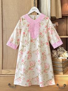 SHEIN Girls Yellow Ditsy Floral Long Sleeve Dress, Fashionable Ruffle Design Casual Wear For Outings, Spring/Autumn 7th Birthday - Pink - View 3
