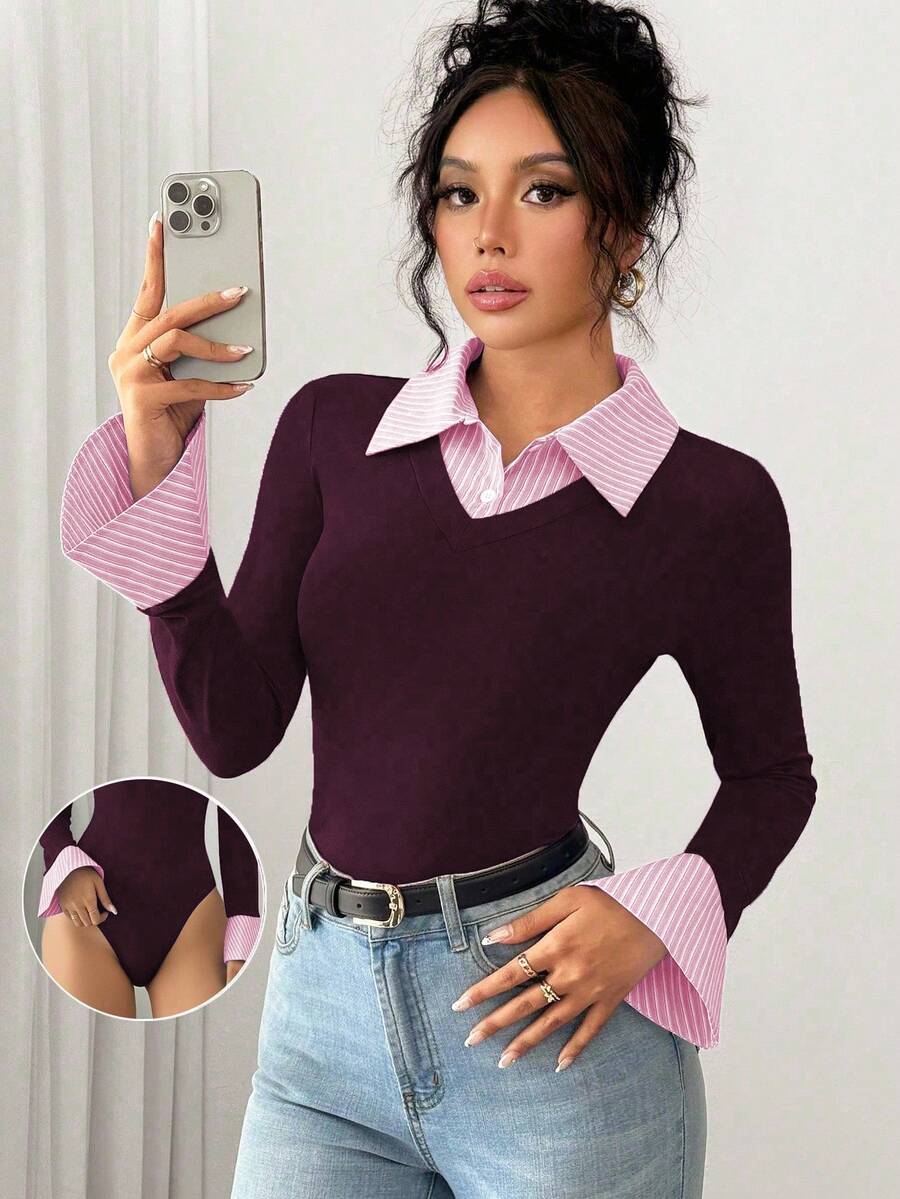 SHEIN PETITE 女款粉色與白色條紋長袖連身衣,秋季優雅辦公室返校商務休閒學院風,AB拼接領喇叭袖口 - 中紫紅色 - 查看 1