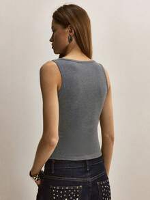 ATUI Studio Top smanicato da donna con collo rotondo, monocolore, con bottoni davanti, estivo - Grigio - Visualizzare 3