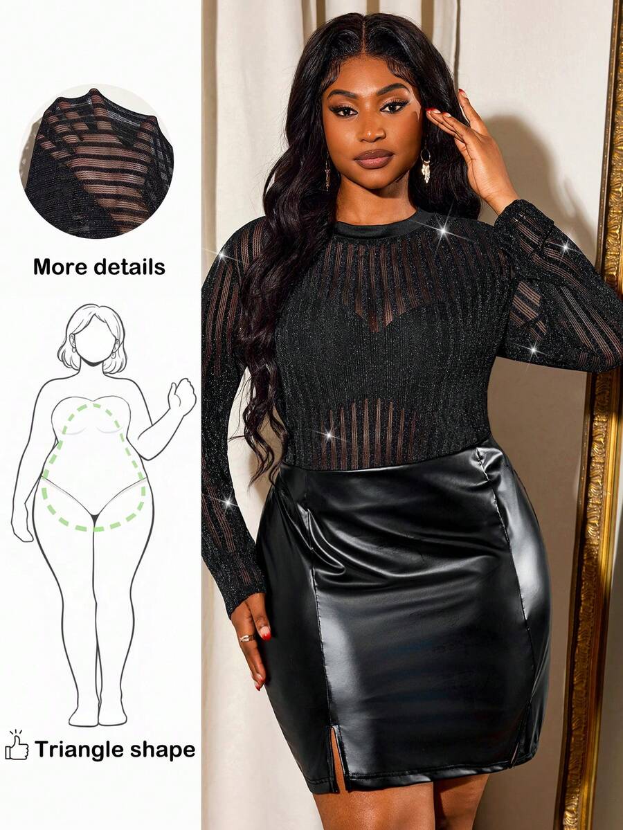 Truni Plus Size Women's Black Striped Sheer Long Sleeve Mesh Top,Classy Formal Evening Night Out Club Autumn T-Shirt For Pear Triangle - Black - View 1