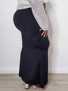Truni Plus Size Solid Color Maxi Mermaid Skirt - Black - View 6