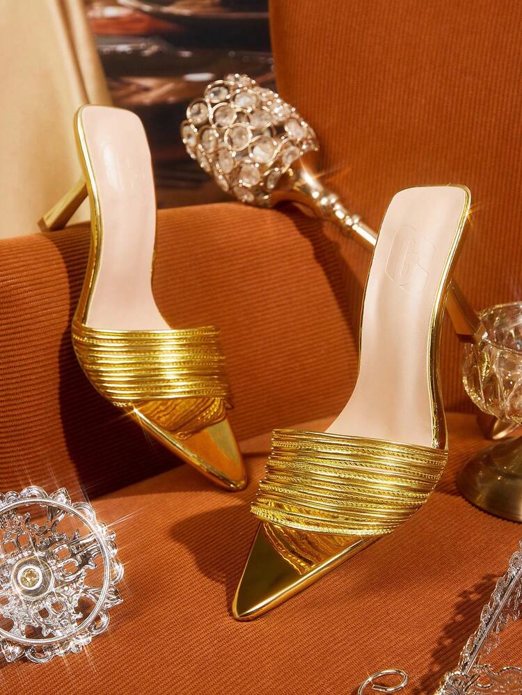 CUCCOO TILAWA Women Fashion Gold Metallic Strap Stilettos High Heel Sandals, Elegant & Versatile For Date, Office, Formal Occasions Spring Shoes Spring Break Easter For Christmas