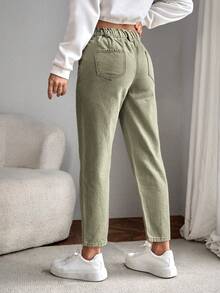 EMERY ROSE Paperbag Waist Straight Leg Jeans - Army Green - View 2