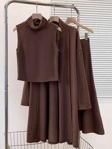 Franclia 3-częściowy dzianinowy, jednokolorowy, swobodny komplet dla kobiet, w tym kamizelka z golfem, kardigan z długim rękawem i spódnica z elastyczną talią i rozcięciem w kształcie litery A, kolor kawowy, jesień/zima - Kawowy brązowy - Zobacz 2