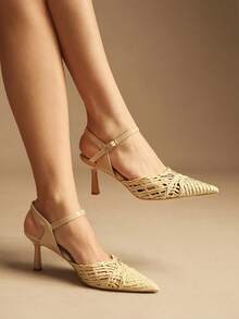 Rosivie Women's Fashionable Elegant Pointed Toe Woven Pumps For Christmas - Apricot - View 5