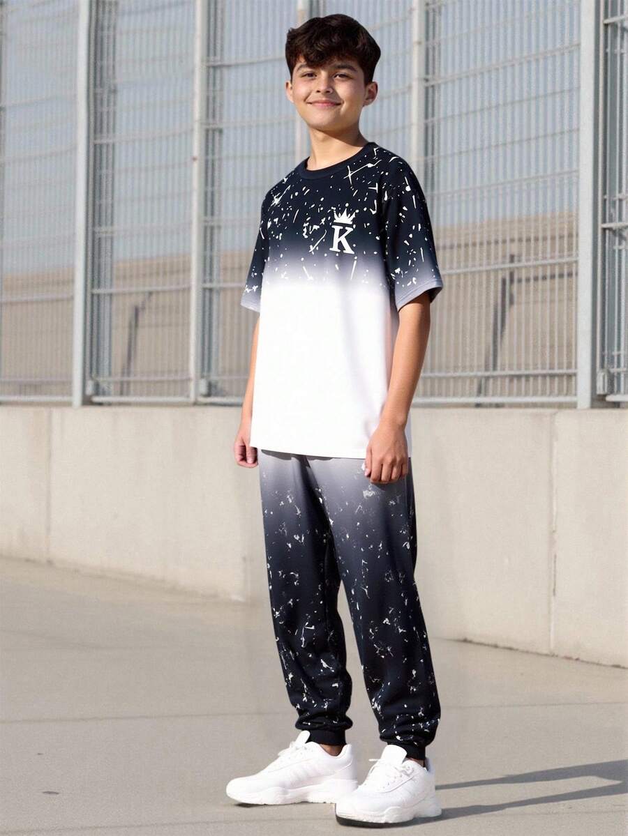 Vacaura 2pcs/Set Teenager Summer Crew Neck Short Sleeve T-Shirt And Drawstring Waist Sports Pants, Casual Outfit For Daily Wear - Black and White - View 1