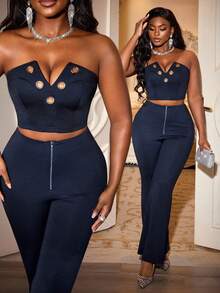 Xyvia Bộ 2 món áo crop top bodycon khoét sâu cổ chữ V gợi cảm và quần ống loe gợi cảm dành cho nữ, phù hợp với mọi mùa - Màu xanh hải quân - Xem 3